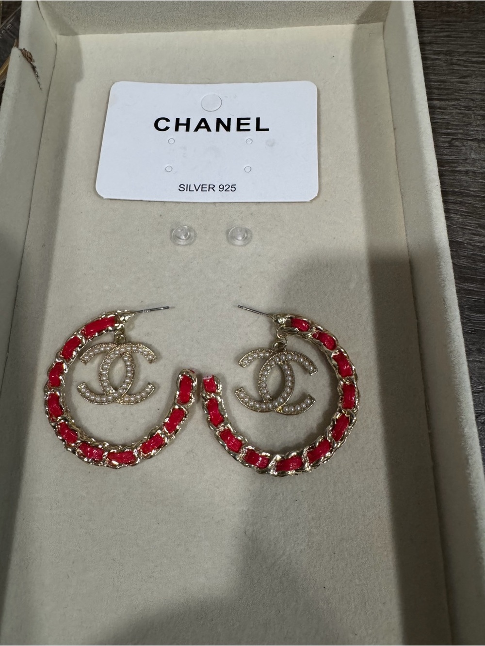 Red, gold, & pearl detailed half hoop earrings
